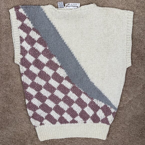 Weathervane Vest Womens M Ivory Mauve 80s Checker Vintage Colorblock Hand Knit - Picture 6 of 6